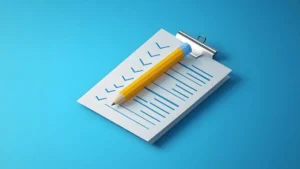 Uma checklist sobre um fundo azul.