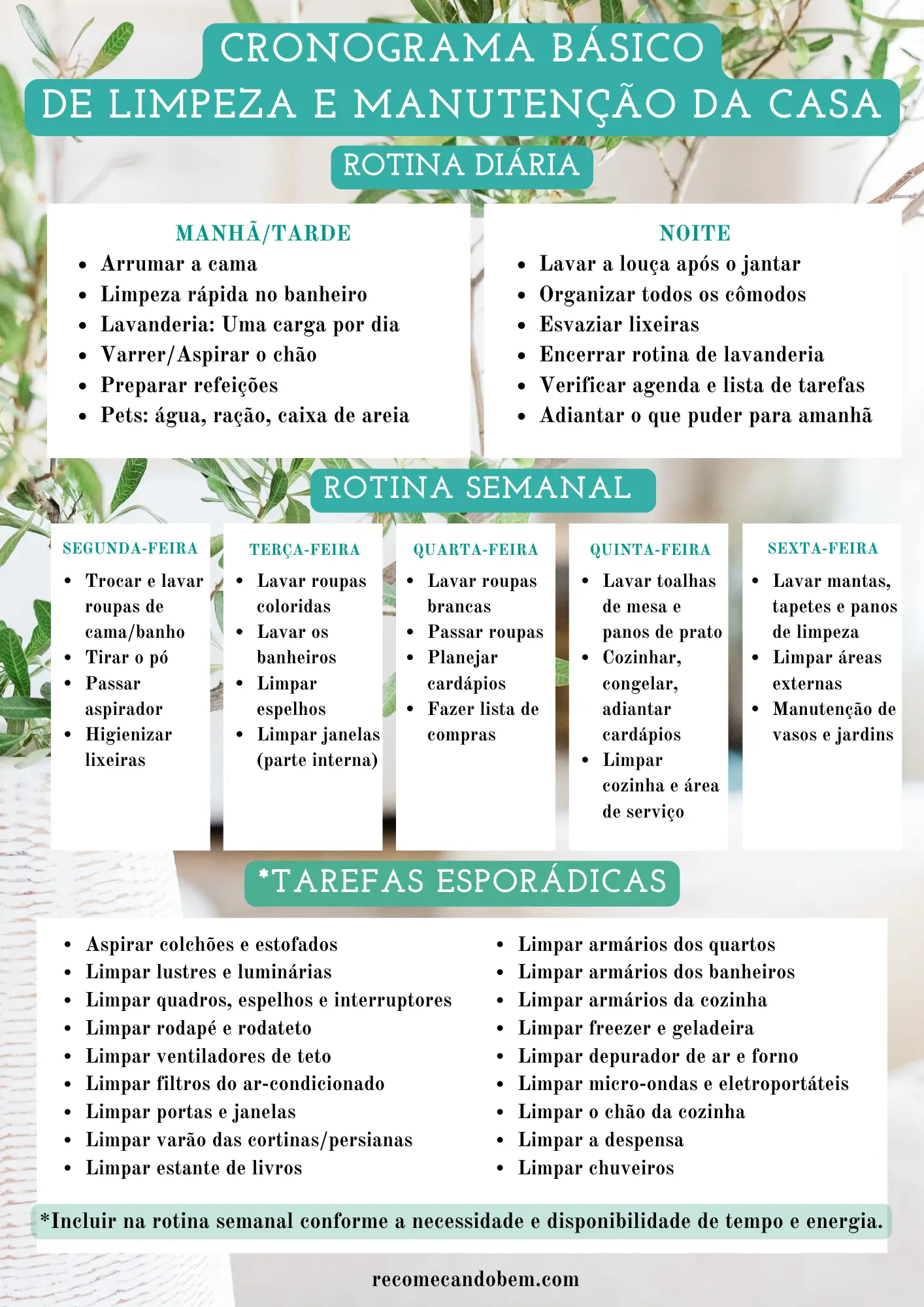 Cronograma de limpeza semanal.