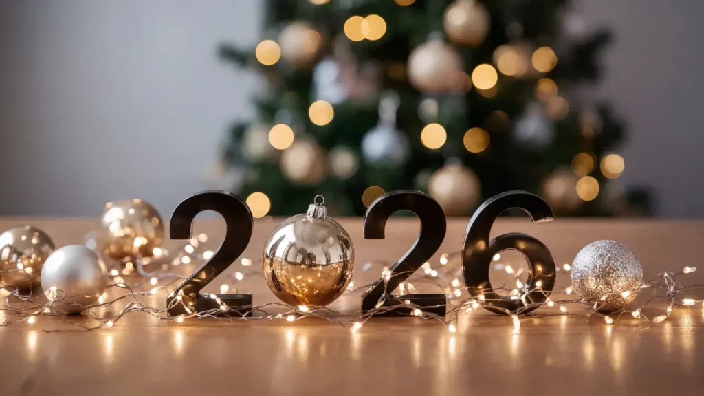 Feliz 2026 com decoração natalina.