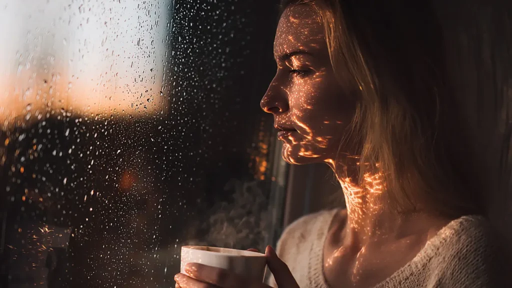 Uma mulher pensativa próxima a uma janela molhada pela chuva.